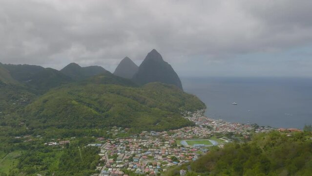 Aerial of Soufriere St. Lucia with Pitons in background