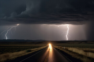 Naklejka na ściany i meble Thunderstorm on the Road at Night with Lightning Bolts