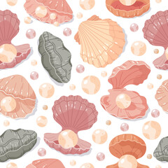 Scallop seashell with pearls seamless pattern. Shells with pearls, open clam sea shellfish. Ocean fauna flat vector background illustration