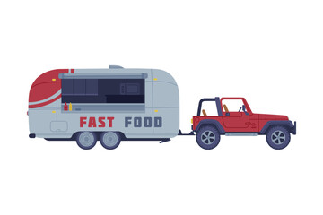 Car with Food Truck as Equipped Motorized Vehicle for Cooking and Selling Street Food Vector Illustration