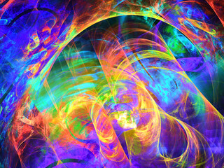Composición de arte fractal digital consistente en arcos coloridos paralelos formando una especie de tunel que muestra lo que aparenta ser una tormenta luminosa en los cielos marcianos.