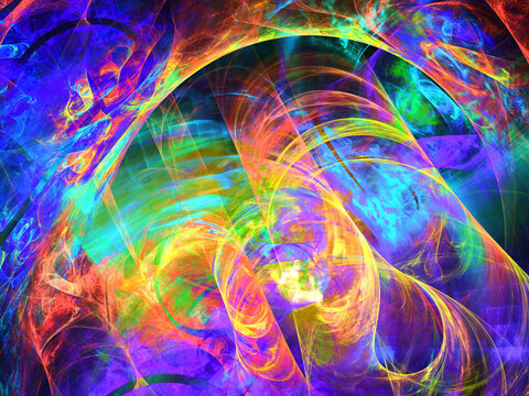 Composici&oacute;n de arte fractal digital consistente en arcos coloridos paralelos formando una especie de tunel que muestra lo que aparenta ser una tormenta luminosa en los cielos marcianos.