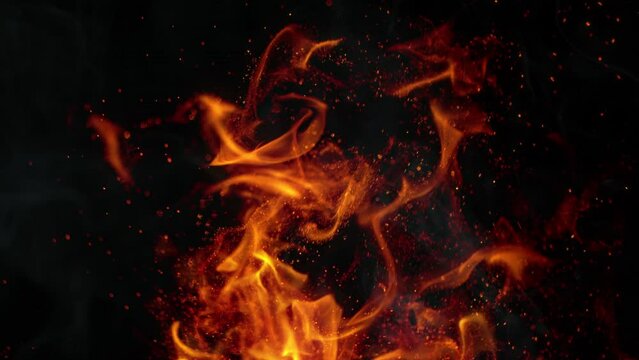 Super Slow Motion Shot of Fire and Sparks Isolated on Black Background at 1000fps.