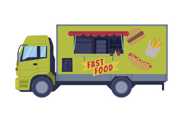 Green Food Truck as Equipped Motorized Vehicle for Cooking and Selling Street Food Vector Illustration