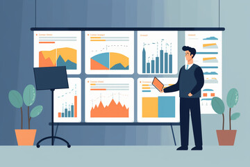 business man standing in front of charts and statistics, colored vector illustration