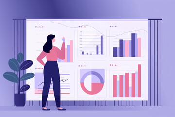 business woman standing in front of charts and statistics, colored vector illustration