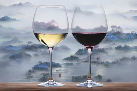 Elegant Glass Of Premium Red And White Wine Liquor On Abstract Landscape Backdrop For Drinkers In Outdoor Restaurants And Drink Bars Generative Art