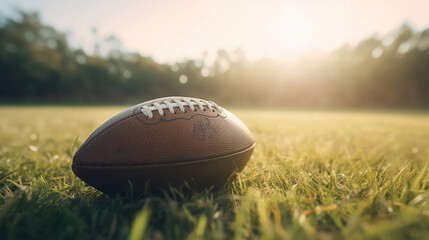 American football ball on green grass field background. Generative Ai