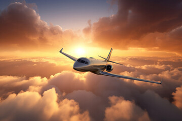 Private Jet Soaring through Vibrant Sunset