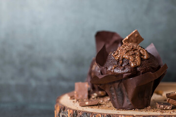 Delicious freshly baked chocolate muffins on a dark background. Delicious cupcake close-up. The context of a bakery with pastries. Confectionery products.