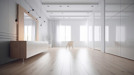 Idea of a white empty minimalist room interior with dresser on the vintage wooden floor and large wall . Generative Ai