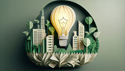 Fototapeta na wymiar Paper cut of light bulb with green eco city, save energy creative idea concept. Generative Ai illustration. 