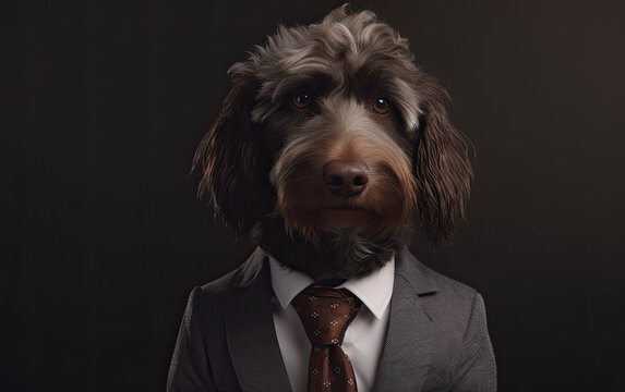 Browen pudle dog wearing a business suite studio portrait, Generative AI