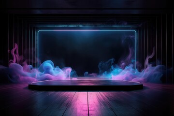 The dark stage shows, empty dark blue, purple, pink background, neon light, spotlights. AI generated