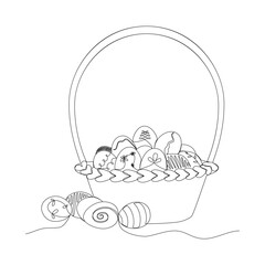 One continuous line drawing of Easter wicker basket with painted eggs in silhouette sketch on white background. Simple linear style. Doodle vector illustration