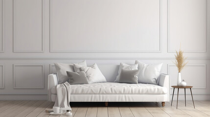 White minimalist room interior with sofa on a wooden floor, decor on a large wall. Generative Ai