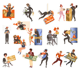 Naklejka premium Cybercriminal Committing Network and Computer Crime Harming Security and Financial Health Big Vector Set