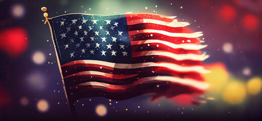 Fototapeta premium American Celebration - USA Flag And Fireworks on background. Generative Ai illustration. 