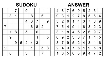 Vector sudoku with answer. Educational game with numbers for kids and leisure for adult on white background.	