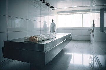 A scene in the hospital morgue where corpses are taken after death created with Generative AI technology