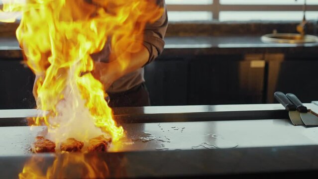 Slow Motion Lamb Chop Teppanyaki Fire Grilling