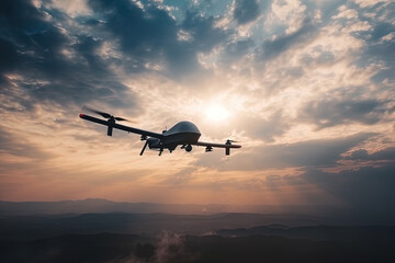 Fototapeta na wymiar military RC drone flies against backdrop of beautiful clouds on blue sky background, created with Generative AI