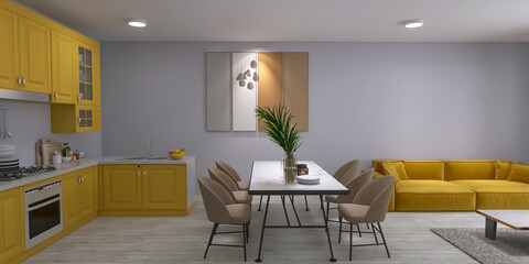 Kitchen dining room 3d render, 3d illustration