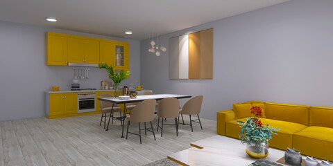 Kitchen dining room 3d render, 3d illustration