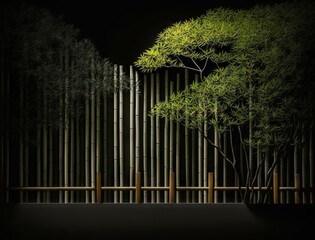 A minimalist and striking view of a bamboo fence in a Japanese garden