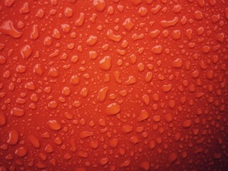 Red or orange glossy surface covered with drops of water dot gradient from dark to light. Background and texture for design.