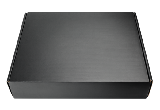 Closed blank black carton box isolated on transparent background