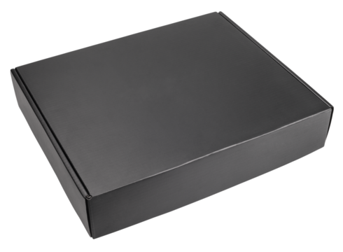 Closed blank black carton box isolated on transparent background