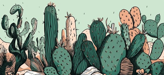 Vibrant, hand sketched cactus illustrations with striking lines, shapes, and disorderly patterns. Generative AI - obrazy, fototapety, plakaty