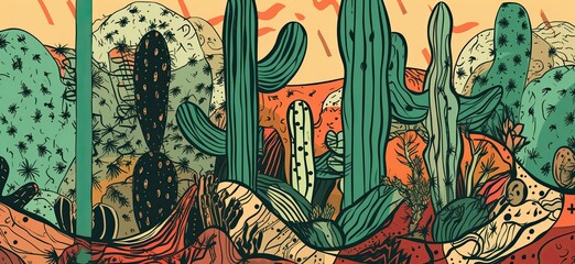 Vibrant, hand sketched cactus illustrations with striking lines, shapes, and disorderly patterns. Generative AI