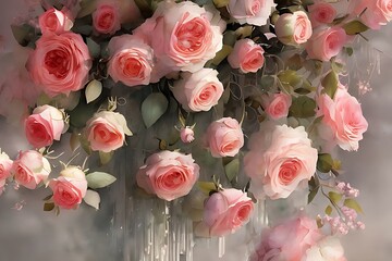 Romantic bouquet of roses in pastel colors. Watercolor illustration. Generative AI