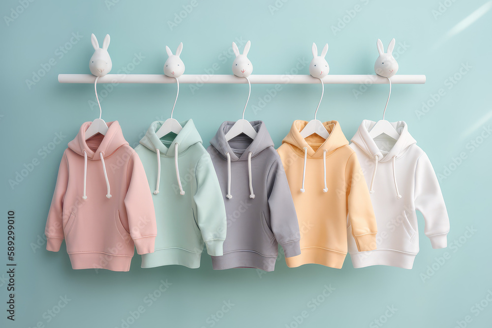 Wall mural Children's hoodies in pastel colors hang on line hanger in a row. Background of a blue colored wall.  Creative concept for a children's clothing store, children's fashion banner. Generative AI