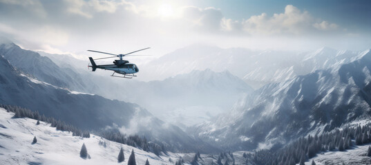 Naklejka na ściany i meble Image of Helicopter Flying over Snowy Mountain Valley
