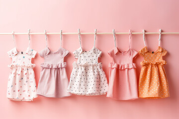Girl Dresses clothes in pastel colors on line hanger in a row. Background of a pink colored wall.  Creative concept for a children's clothing store, children's fashion banner. Generative AI