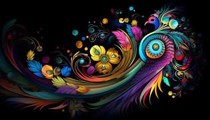 Illustration of a colorful abstract floral and peacock bird design on a black background, in the style of baroque, for wedding cards, desktop wallpaper, Generative AI