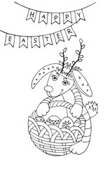 page for coloring easter bunny with colored eggs happy easter flags