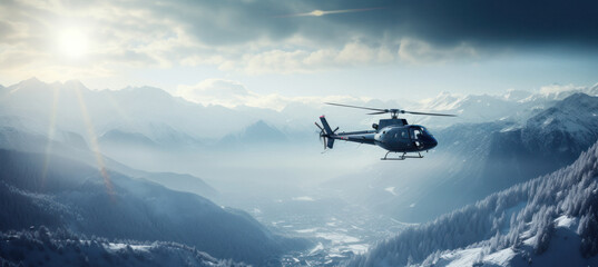 Fototapeta na wymiar Image of Helicopter Flying over Snowy Mountain Valley