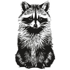 Cute hand drawn raccoon, vector illustration black and white
