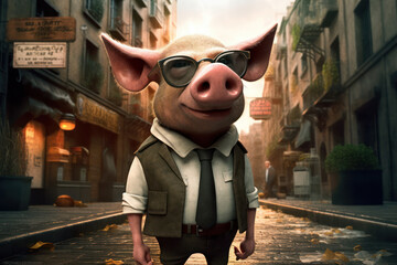 Photorealistic Image of a Pig on the Street with Glasses