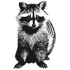Cute hand drawn raccoon, vector illustration black and white