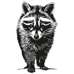 Cute hand drawn raccoon, vector illustration black and white
