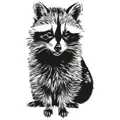 Cute raccoon on white background, hand draw illustration