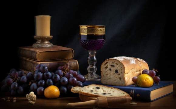 Communion - Bread, Grapes, and Bible in a Light Gold and Dark Amber Style