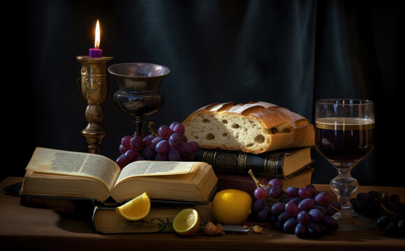 Communion - Bread, Grapes, and Bible in a Light Gold and Dark Amber Style
