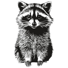 Raccoon  vintage illustration, black and white vector art
