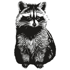 Raccoon small animal cute fluffy realistic, vector black and white